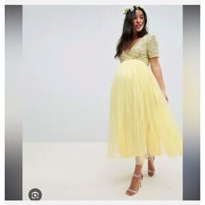 Maya Maternity Embellished Tulle Midi Dress Size 12 Yellow Beaded Bodice Glam